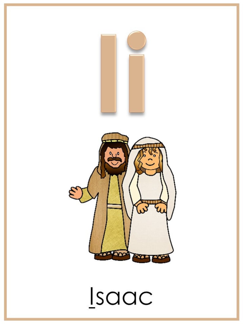 May include: A brown letter I with a brown circle next to it. Below the letter is a cartoon image of a man and woman in brown and white robes. The text "Isaac" is below the image.