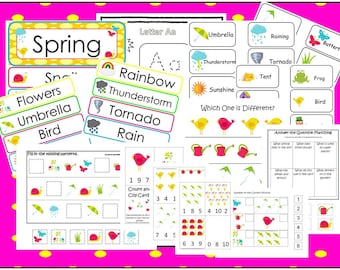 May include: A set of printable spring-themed educational worksheets for kids. The worksheets feature colorful illustrations of spring-related objects, such as flowers, umbrellas, birds, and rain. The worksheets include activities such as counting, matching, and filling in missing patterns.