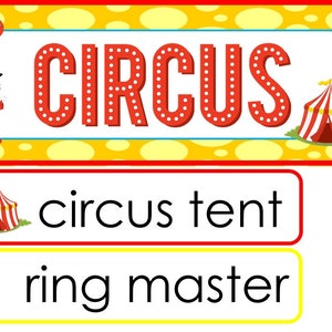 Conjunto de pared de palabras con temática de una sola semana de Circus Fun. Etiquetas para tablones de anuncios de aula para niños de preescolar, guardería y jardín de infantes.