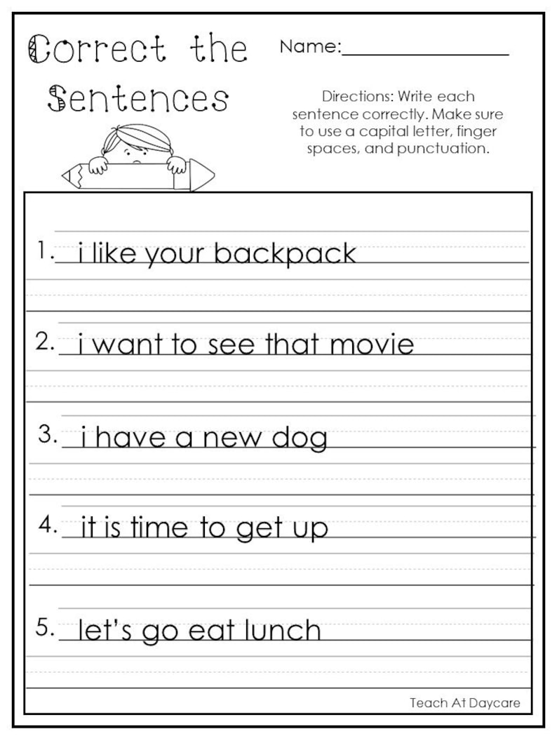 10 Printable Correct the Sentences Worksheets. 1st-2nd Grade ELA Worksheets. image 9