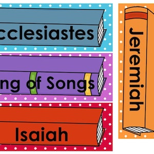 May include: Three colorful book spines with the titles "Ecclesiastes", "Song of Songs", and "Isaiah" and a single orange book spine with the title "Jeremiah".