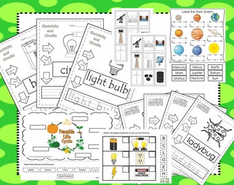 May include: Black and white printable worksheets for kids featuring educational activities like tracing, coloring, and matching. The worksheets include topics like electricity and circuits, the solar system, the pumpkin life cycle, and ladybugs.