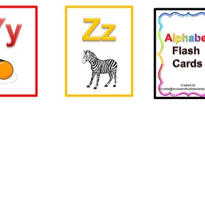 K&ouml;nnte beinhalten: Alphabet-Lernkarten mit den Buchstaben Y und Z, zusammen mit Bildern eines Jo-Jos und eines Zebras. Die Karten haben rote und gelbe R&auml;nder. Die dritte Karte zeigt "Alphabet Flash Cards" mit einem farbenfrohen Rahmen.