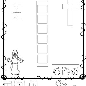 May include: Black and white worksheet with the title "6 Ways to Make Number 1". The worksheet shows different ways to represent the number one, including a number line, a number word, and a picture of a person holding up one finger.