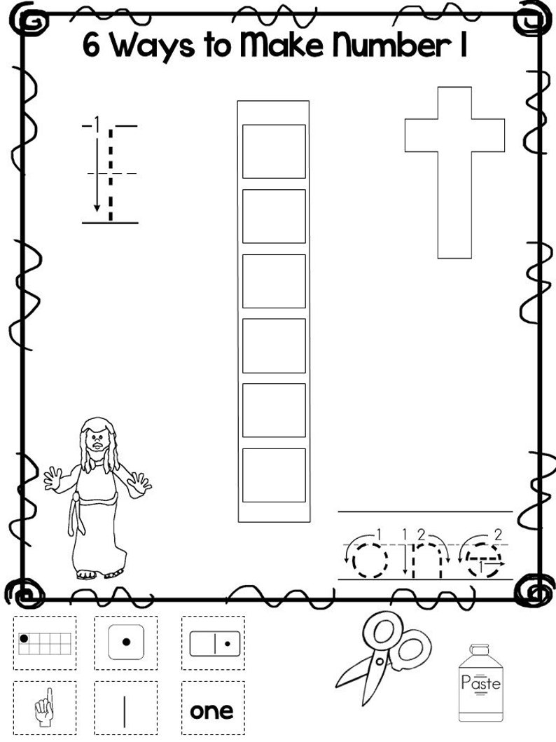May include: Black and white worksheet with the title "6 Ways to Make Number 1". The worksheet shows different ways to represent the number one, including a number line, a number word, and a picture of a person holding up one finger.