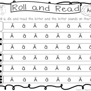13 hojas de trabajo para rodar y leer sonidos de letras. Hojas de trabajo y actividades de fonética de preescolar a primer grado.