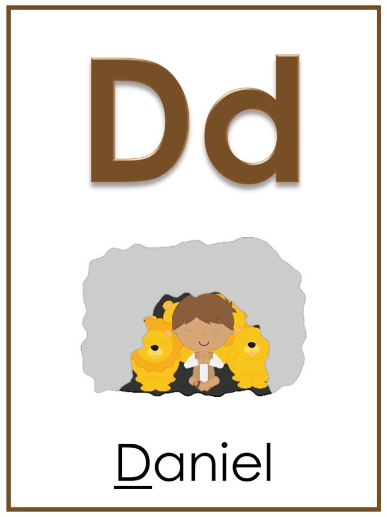 May include: A brown letter D with a lowercase d next to it. Below the letters is an illustration of a boy sitting in a den of lions. The word "Daniel" is written below the illustration.