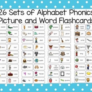 26 Printable Alphabet Phonics Picture Word Flashcard Sets. Todos los conjuntos son PDF almacenados en un archivo ZIP. Preescolar-KDG Artes del Lenguaje y Fonética.