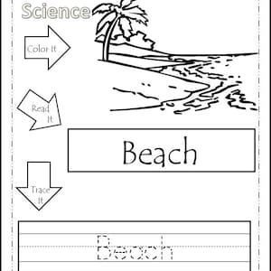 30 Earth Science printable worksheets. Color, Read, Trace Land Formations.  Preschool and Kindergarten Science and Reading Activity.