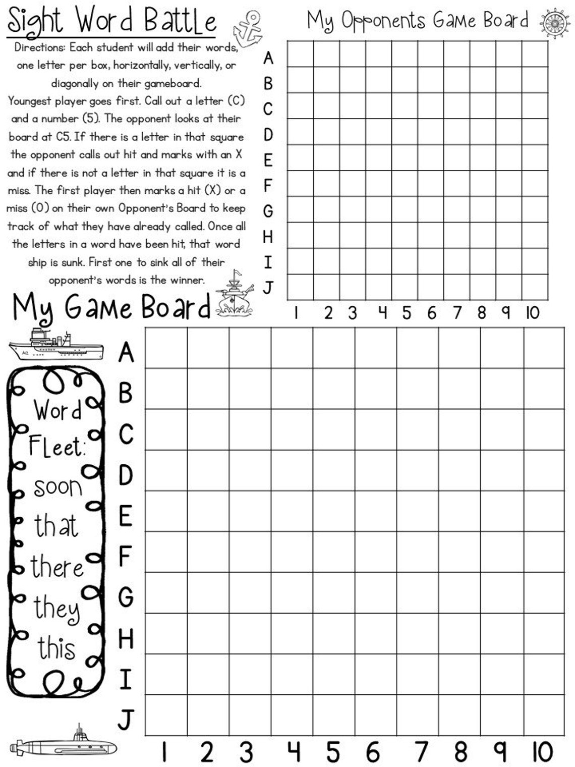 10 Printable Dolch Primer Sight Word Battle Worksheets. Prek ...