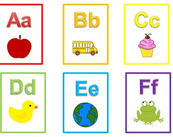 26 Printable Alphabet Flash Cards.  Full color flash cards.  Preschool learning activity for daycare children.