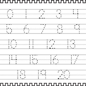 Peut inclure: Une feuille de travail noir et blanc avec des lignes pointillées pour tracer les nombres de 0 à 20. Les nombres sont disposés en rangées de cinq.