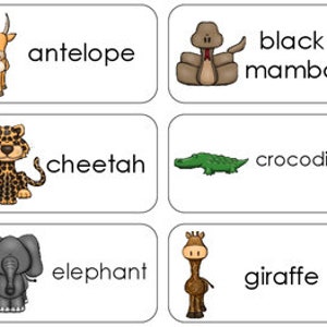 11 startfasen Afrikaanse dieren Snelle referentie-flashcards. Flashcards voor kinderdagverblijf 1e klas voor woordmuurstudie in de klas.