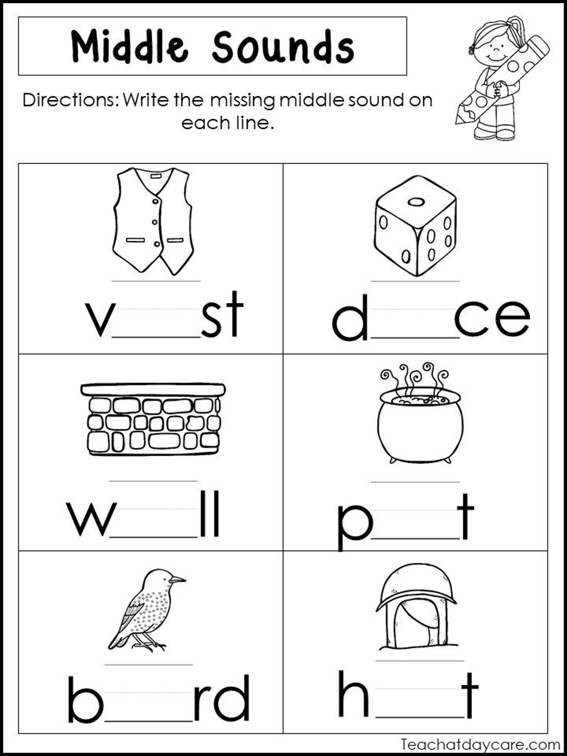 10 Printable Middle Sounds Worksheets Preschool 1st Grade Etsy