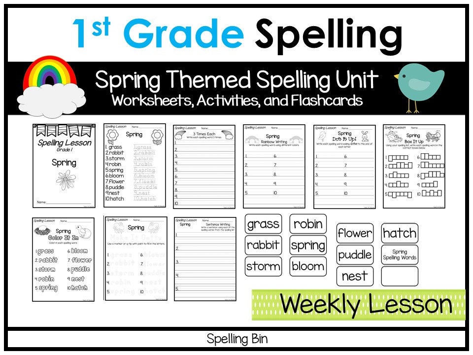 First Grade Spring Themed Words Spelling Activity. Supplemental Curriculum. Trace, Box Write, Read.