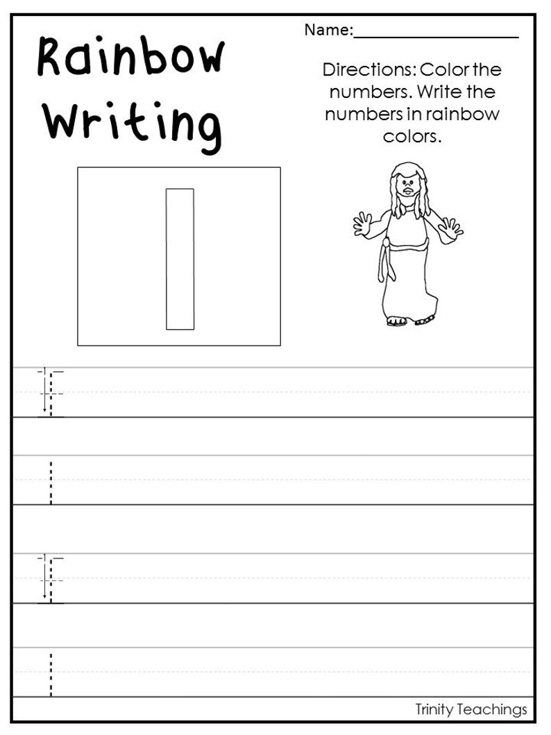 May include: A black and white worksheet with the words "Rainbow Writing" at the top. The worksheet has a box with a vertical line in the middle and lines for writing the letter "I" below the box. The worksheet also has instructions to color the numbers and write them in rainbow colors.