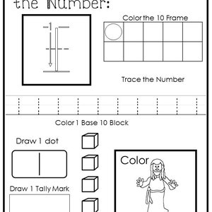 May include: Black and white worksheet for learning about the number one. The worksheet includes a number line, a ten frame, a base ten block, a tally mark, and a dot.