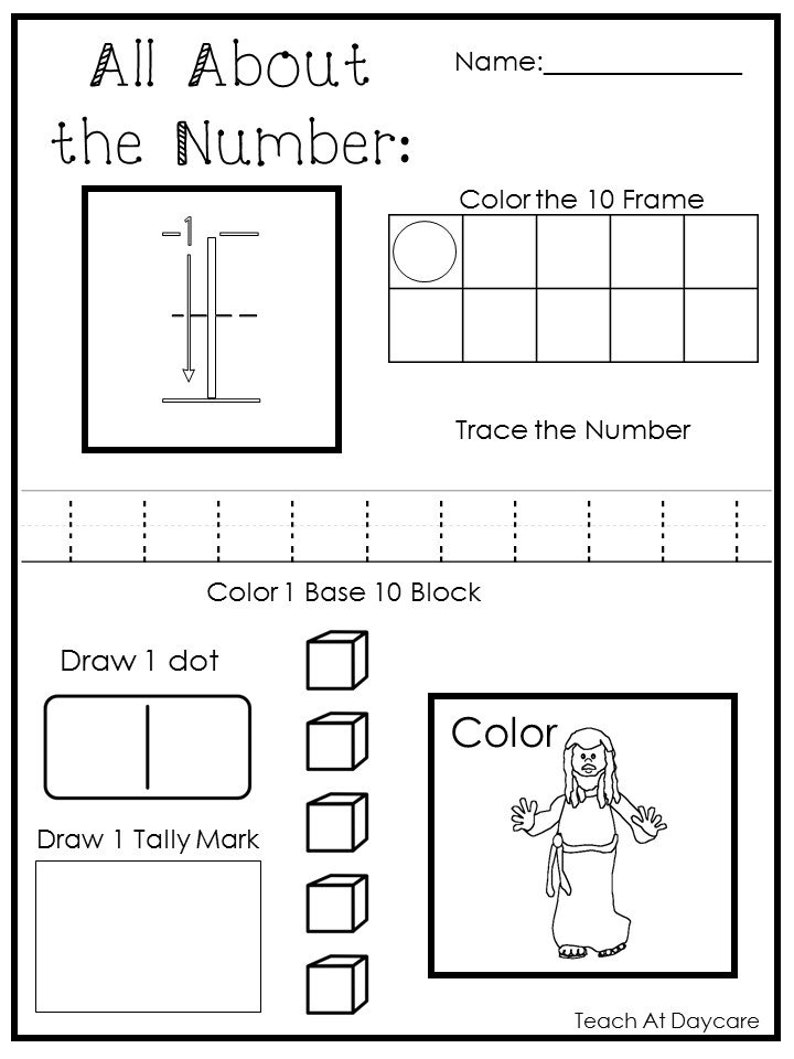 May include: Black and white worksheet for learning about the number one. The worksheet includes a number line, a ten frame, a base ten block, a tally mark, and a dot.