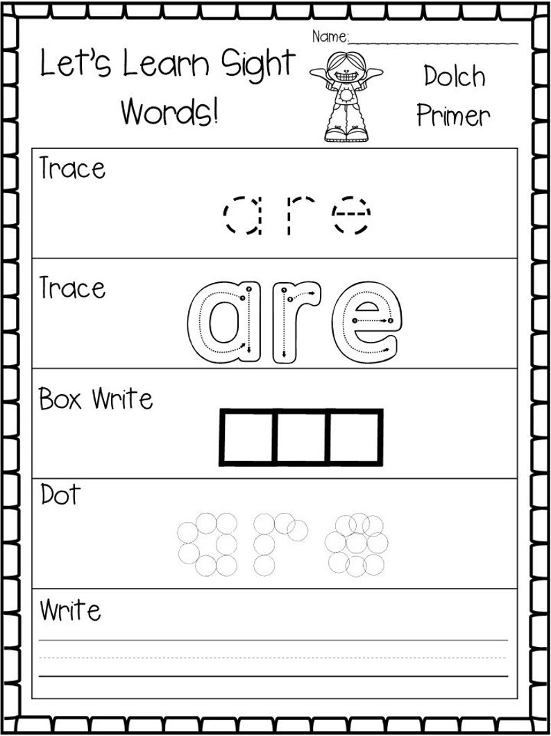 May include: Black and white worksheet for learning sight words. The worksheet includes the words "care" and "are" with dotted lines for tracing, boxes for writing the words, and circles for dotting the letters.