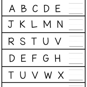 Pode incluir: Folha de trabalho em preto e branco com o texto "Preencha a letra em falta" e uma s&eacute;rie de linhas com letras do alfabeto impressas acima de cada linha. As letras est&atilde;o faltando nas linhas e espera-se que o usu&aacute;rio preencha as letras em falta.