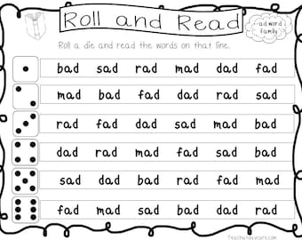 22 druckbare Rollen- und Lese-Wortfamilien-Arbeitsblätter. Phonics-Aktivität für die Vorschule.