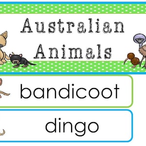 Conjunto de pared de palabras con temática de una sola semana de animales australianos. Etiquetas para tablones de anuncios de aula para niños de preescolar, guardería y jardín de infantes.