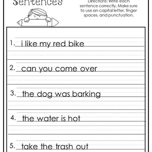 Peut inclure: Une feuille de travail noir et blanc avec le texte "Correct the Sentences" en haut. La feuille de travail contient cinq phrases avec des erreurs de majuscules, d'espacement et de ponctuation. Les phrases sont : "i like my red bike", "can you come over", "the dog was barking", "the water is hot", et "take the trash out".