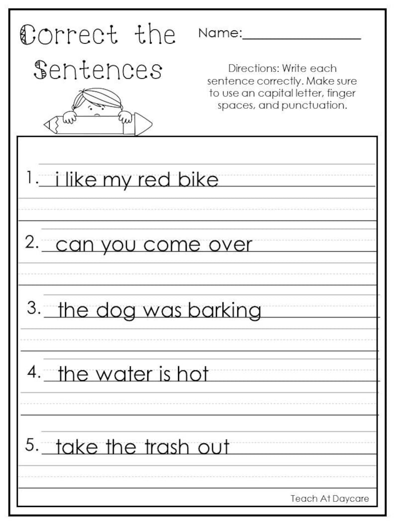 Peut inclure: Une feuille de travail noir et blanc avec le texte "Correct the Sentences" en haut. La feuille de travail contient cinq phrases avec des erreurs de majuscules, d'espacement et de ponctuation. Les phrases sont : "i like my red bike", "can you come over", "the dog was barking", "the water is hot", et "take the trash out".