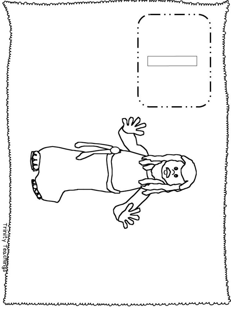 May include: A black and white line drawing of a woman with long hair wearing a long dress and holding her arms out. The drawing is on a white background with a blank space at the top of the page.