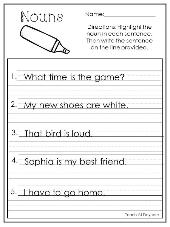 10 printable highlight the nouns worksheets 1st 2nd grade ela etsy