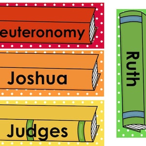May include: Three colorful book spines with the titles "Deuteronomy", "Joshua", and "Judges". A green book spine with the title "Ruth" is to the right.