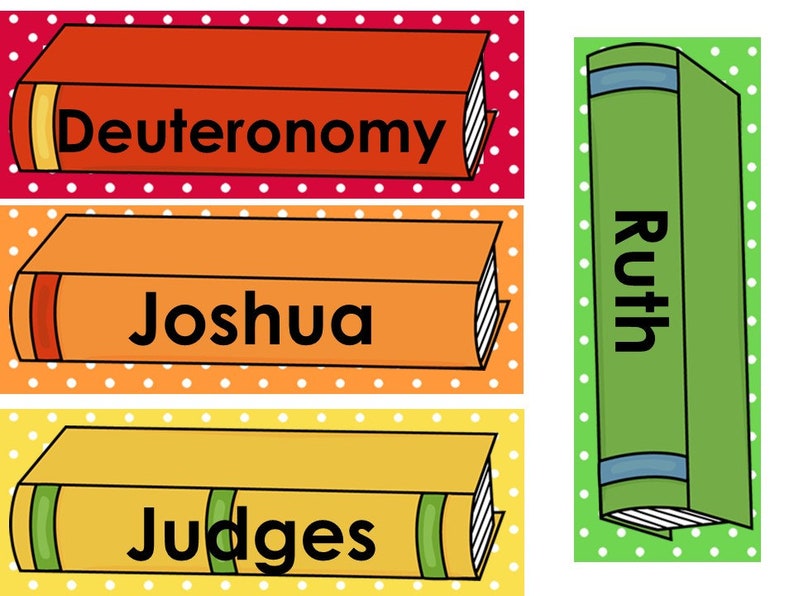 May include: Three colorful book spines with the titles "Deuteronomy", "Joshua", and "Judges". A green book spine with the title "Ruth" is to the right.