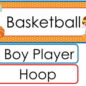 Conjunto de pared de palabras con temática deportiva de una sola semana de baloncesto. Etiquetas para tablones de anuncios de aula para niños de preescolar, guardería y jardín de infantes.