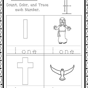 May include: A black and white printable worksheet for kids to learn about the number one. The worksheet includes a picture of a person, a cross, and a dove. The worksheet also includes the word "one" written out four times.