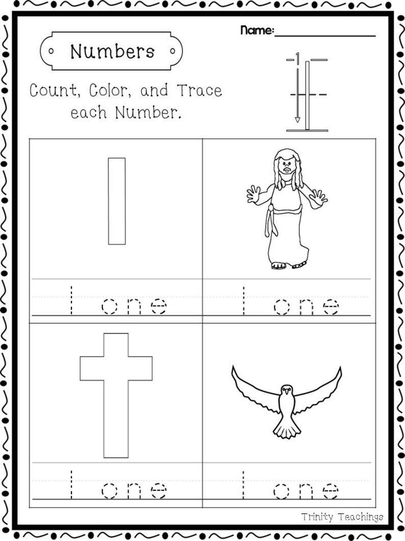 May include: A black and white printable worksheet for kids to learn about the number one. The worksheet includes a picture of a person, a cross, and a dove. The worksheet also includes the word "one" written out four times.