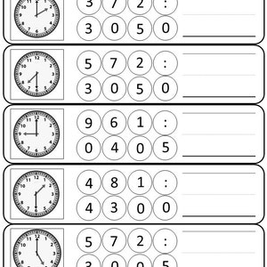 Op de afbeelding: Een werkblad met vijf analoge klokken en bijbehorende getallencirkel. Elke klok toont een andere tijd, en de getallencirkel vertegenwoordigt de tijd in uren en minuten. Het werkblad heeft de titel "Learning Time... Read It-Dot It-Write It".