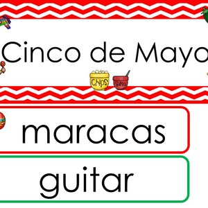 Conjunto de pared de palabras temáticas de una sola semana del Cinco de Mayo. Etiquetas para tablones de anuncios de aula para niños de preescolar, guardería y jardín de infantes.