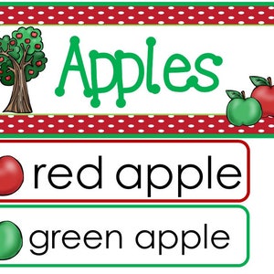 Conjunto de pared de palabras con temática de una sola semana de manzanas. Etiquetas para tablones de anuncios de aula para niños de preescolar, guardería y jardín de infantes.