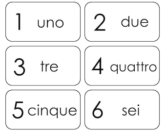 印刷可能なイタリア語の数字 1 ～ 20 のフラッシュカード 20 枚