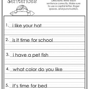 May include: Black and white worksheet with the text "Correct the Sentences" at the top. The worksheet has five sentences with blank lines below each sentence for students to rewrite the sentences correctly.
