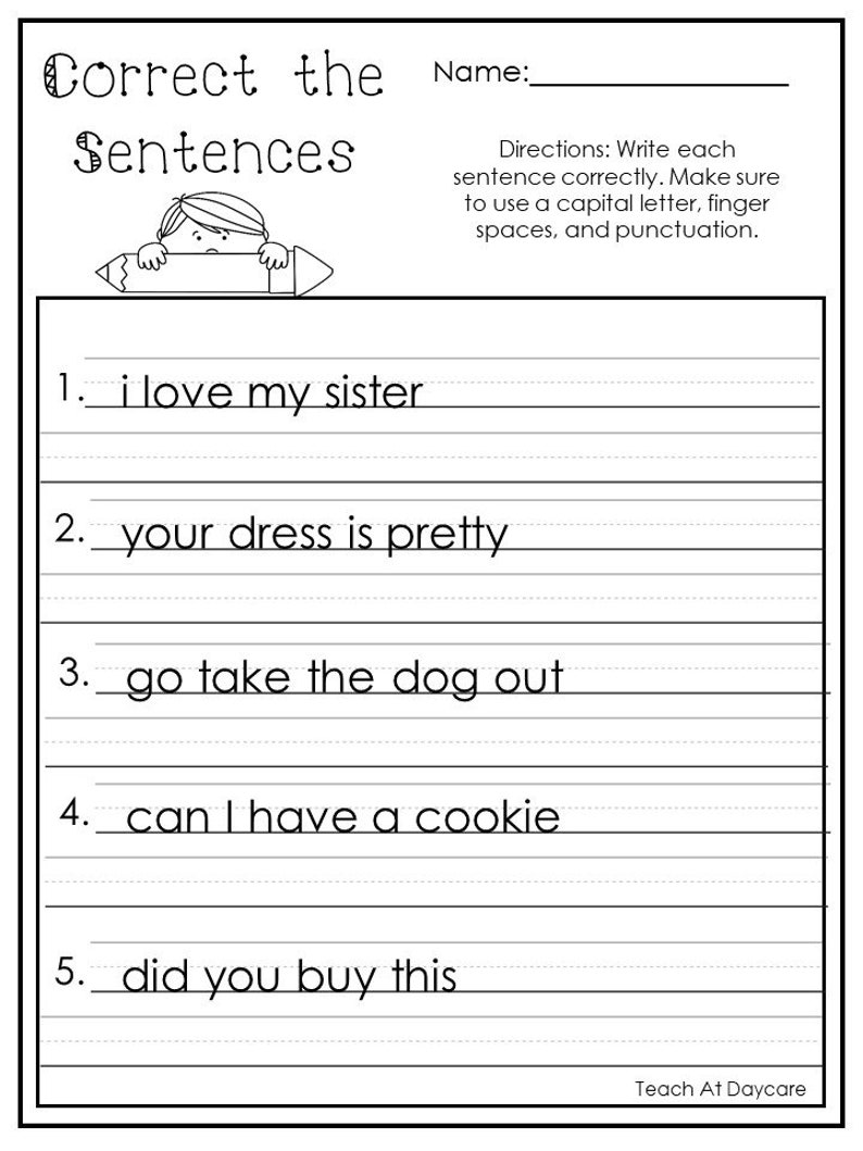 10 Printable Correct the Sentences Worksheets. 1st-2nd Grade ELA Worksheets. image 5