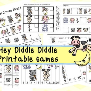 Könnte beinhalten: Druckbare Lernspiele für Kinder mit dem Kinderlied "Hey Diddle Diddle". Die Spiele beinhalten Zuordnungs-, Sequenzierungs- und Zählübungen. Die Illustrationen sind farbenfroh und zeigen eine Kuh, die über den Mond springt, eine Katze, die Geige spielt, und einen Hund, der lacht.