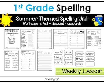 First Grade Summer Themed Words Spelling Activity. Supplemental Curriculum. Trace, Box Write, Read.