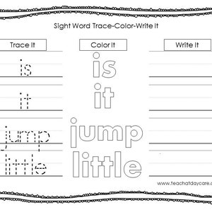 10 Printable Dolch Pre-primer Sight Words Trace It, Color It, Write It ...
