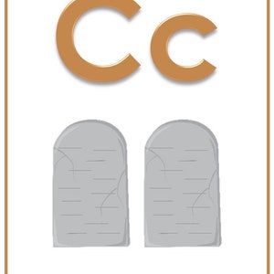 May include: An illustration of the letter C with two stone tablets, representing the Ten Commandments. The letter C is in a brown color and the tablets are gray.