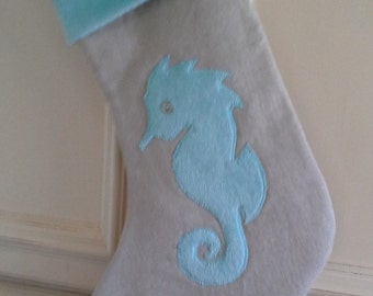 Linen Seahorse or Whale Christmas Stocking with Plush Applique and Collar in Beach Colors