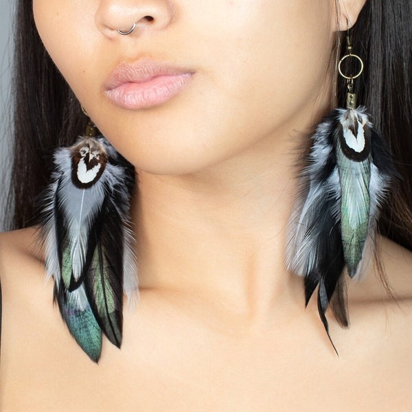 Black and grey long feather earrings, Handmade Bohemian Long Tribal earrings, Cool summer cute chic earrings, Boho bi earrings