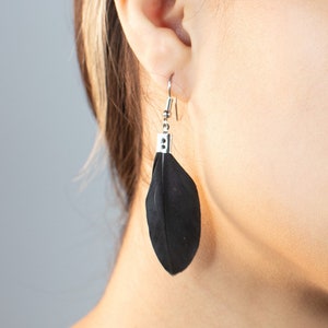 Small delicate black handmade drop feather earrings, Unique Boho chic hippie fun earrings, gift for her, natural feathers, drop earring image 1