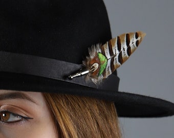 Natural feather Hat pin & suit brooch, boutonniere clip label stick, boho hippie trilby accessory, unique wedding statement fedora add on