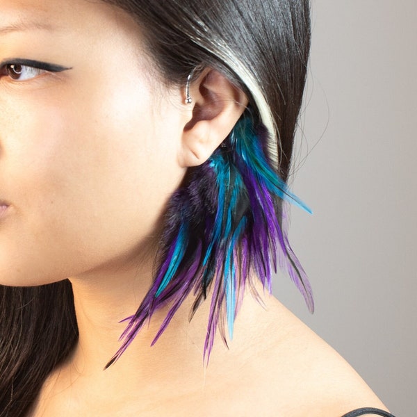 Feather Ear Wrap, Lightweight Ear Cuff with Feathers, Purple and blue feather Cuff, Natural Festival headpiece, no piercing earring cuff